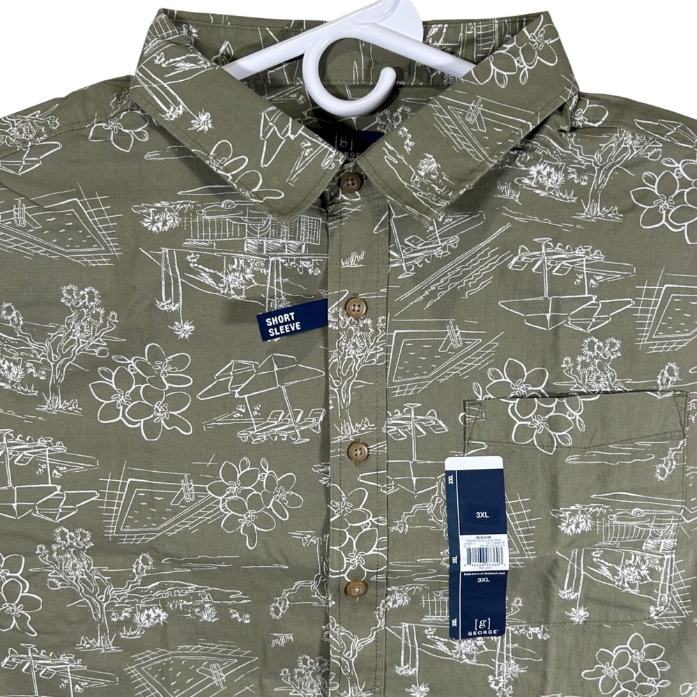 George Mens Scenic Print Short Sleeve‎ Button Down Shirt Olive Green 3XL New